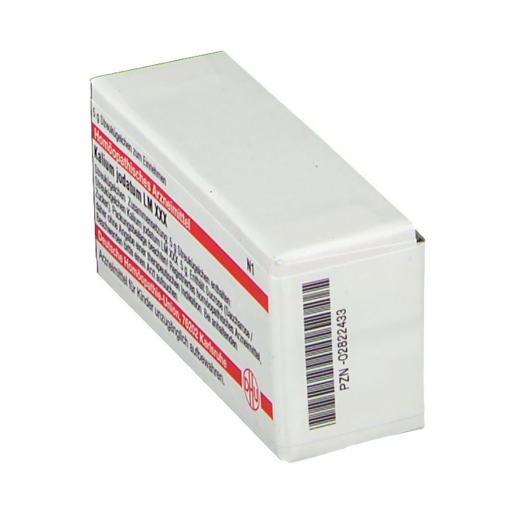 Schachtel mit roter Schrift und Barcode. Aufschrift: DHU Kalium jodatum LM XXX. Homöopathisches Arzneimittel. PZN-02822433.