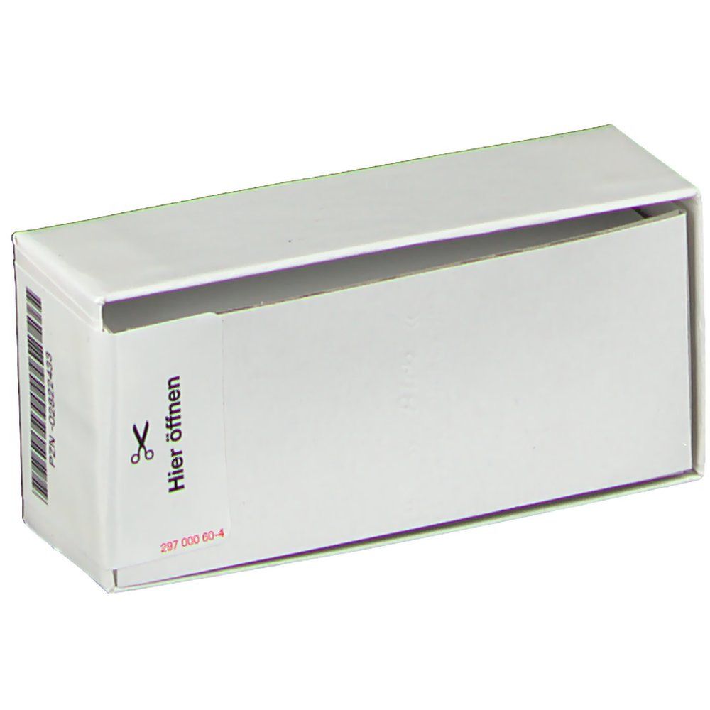 Geöffnete weiße Schachtel. Aufschrift: Hier öffnen. Barcode und PZN-02822433. Produkt: DHU Kalium jodatum LM XXX.