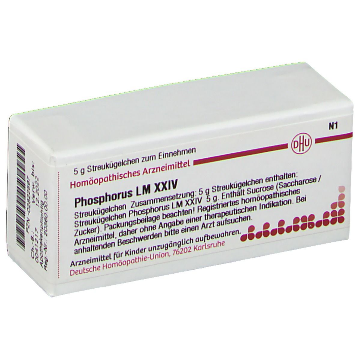 Weiße Arzneimittelverpackung mit roter Schrift und DHU-Logo. Enthält Streukügelchen Phosphorus LM XXIV.