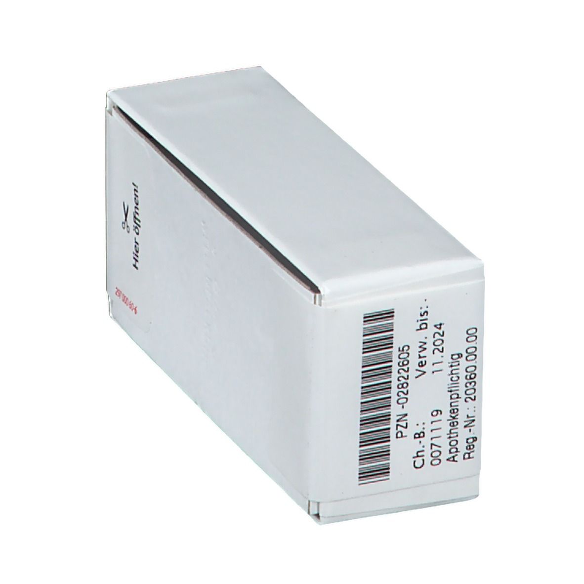 Weiße Schachtel mit Barcode und Text. Enthält Streukügelchen. Text: Phosphorus LM XXX. Apothekenpflichtig.