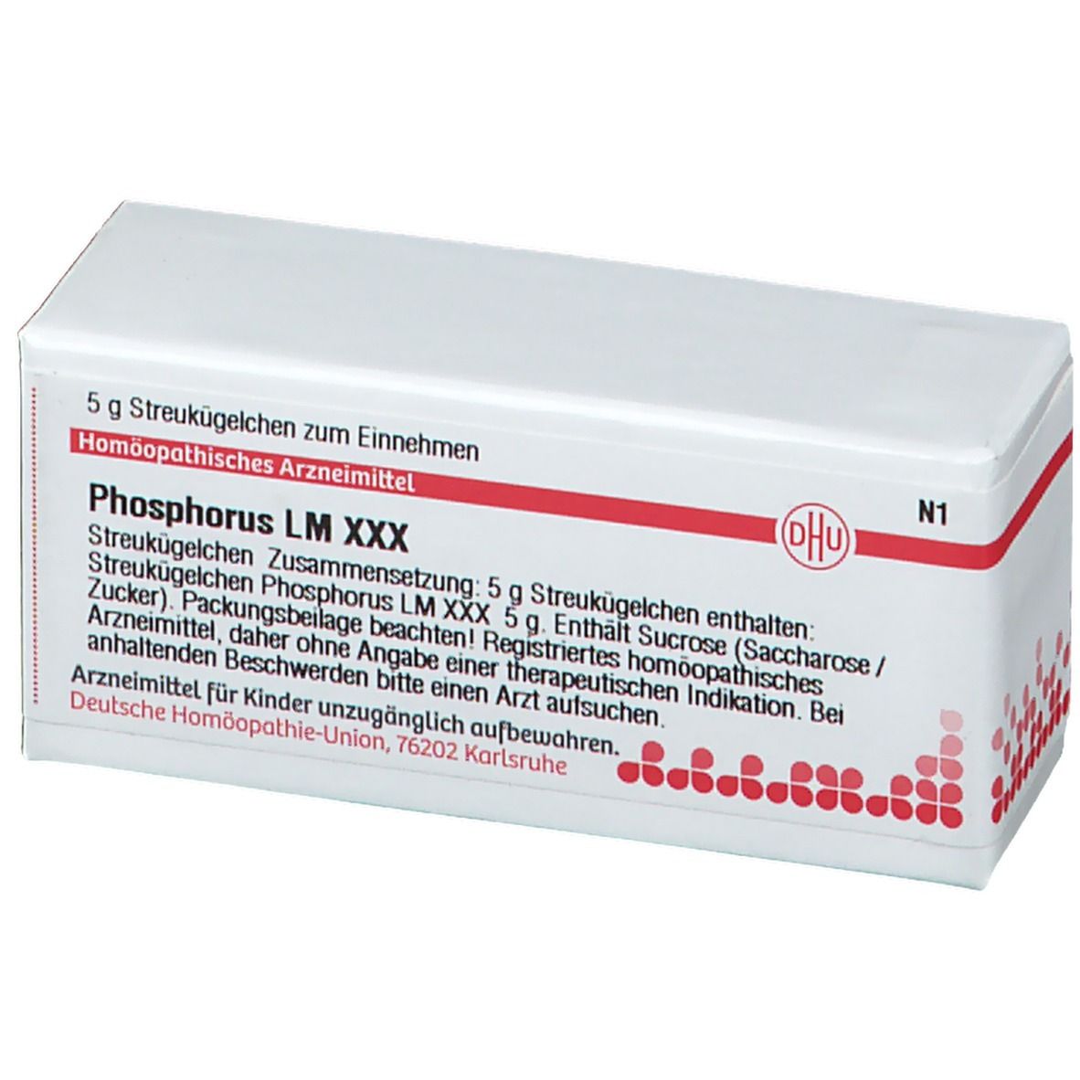 Weiße Schachtel mit roter Schrift und DHU-Logo. Enthält Streukügelchen. Text: Phosphorus LM XXX, 5 g.