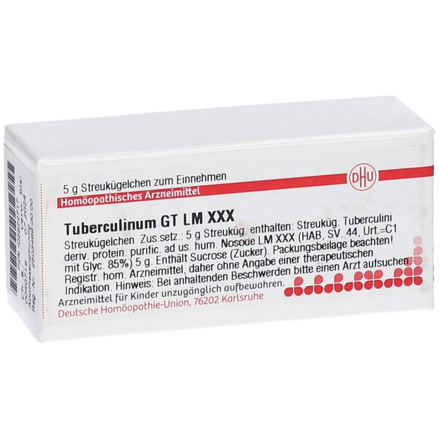 Weiße Schachtel mit roter Schrift und DHU-Logo. Aufschrift: Tuberculinum GT LM XXX, 5 g Streukügelchen.