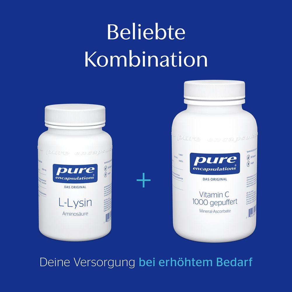 Zwei Pure Encapsulations Flaschen: L-Lysin Aminosäure und Vitamin C 1000 gepuffert.
