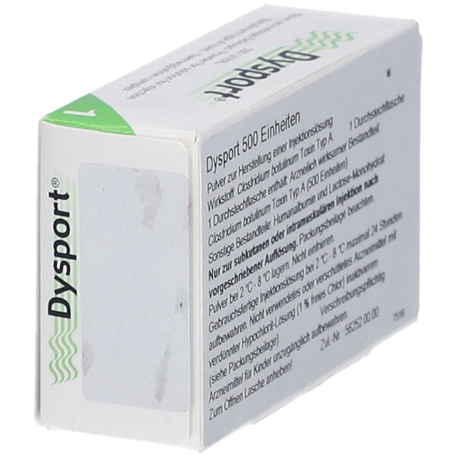 Weiße Schachtel mit Text. Aufschrift Dysport 500 Einheiten. Enthält eine Durchstechflasche. Text in Deutsch.