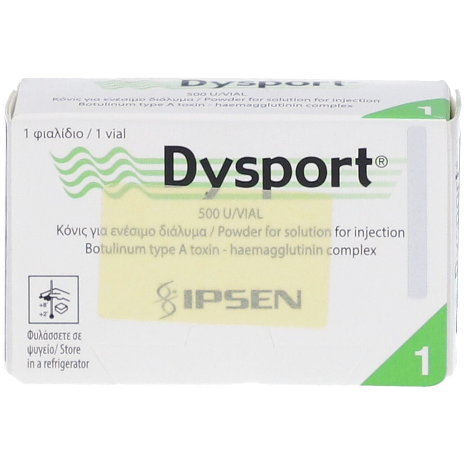 Weiße Schachtel mit grünem Akzent. Aufschrift Dysport, 500 U/VIAL. Enthält eine Durchstechflasche. Marke IPSEN.