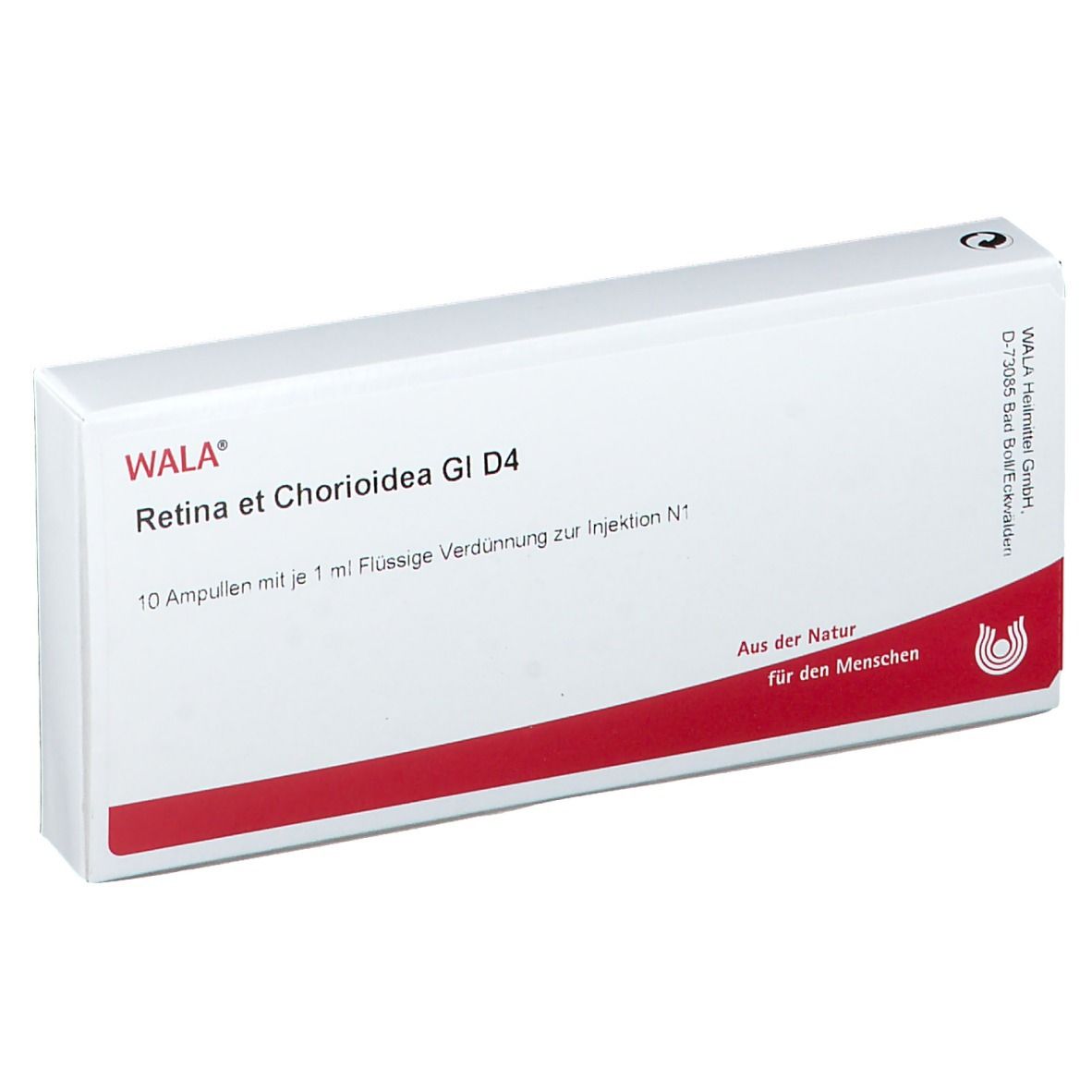 Weiße Schachtel mit rotem Streifen. Beschriftung: Wala® Retina et Chorioidea Gl D 4. Enthält 10 Ampullen.