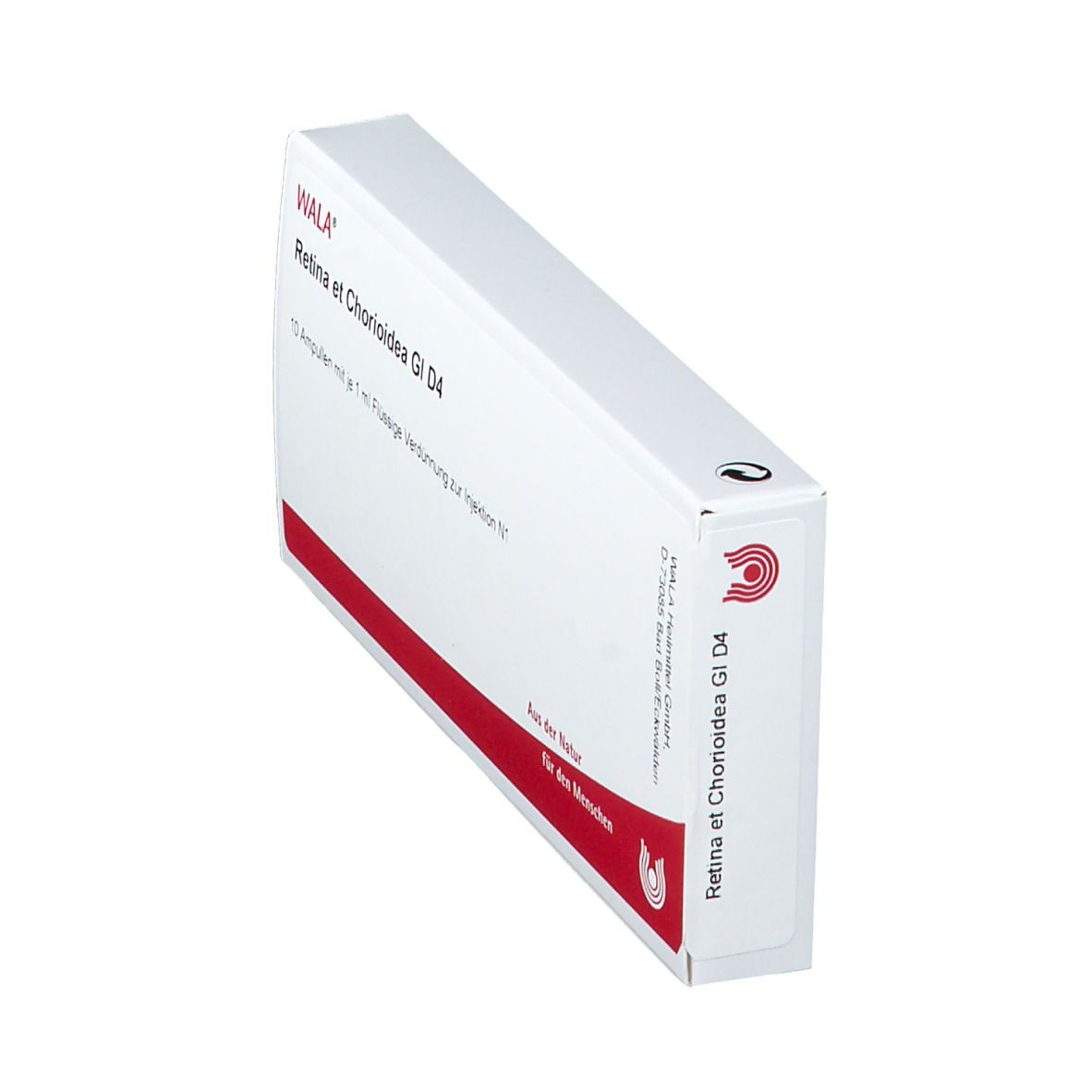 Schachtel, schräg gestellt. Beschriftung: Wala® Retina et Chorioidea Gl D 4. Enthält 10 Ampullen.