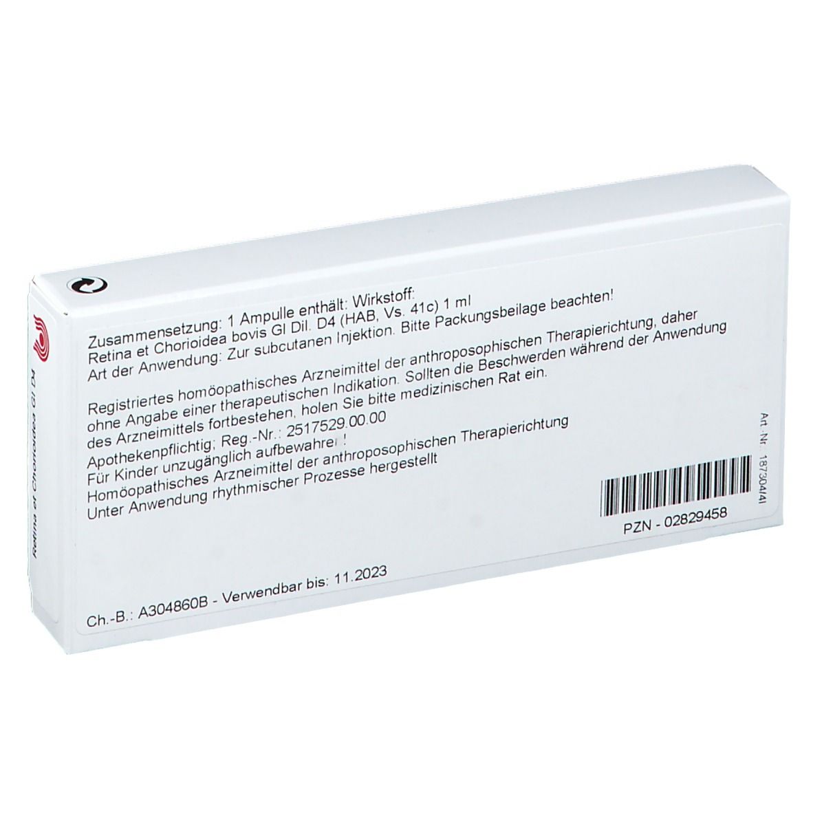 Rückseite der Schachtel. Text: Zusammensetzung, Wirkstoffe, Anwendungshinweise, Chargennummer, PZN-Nummer.