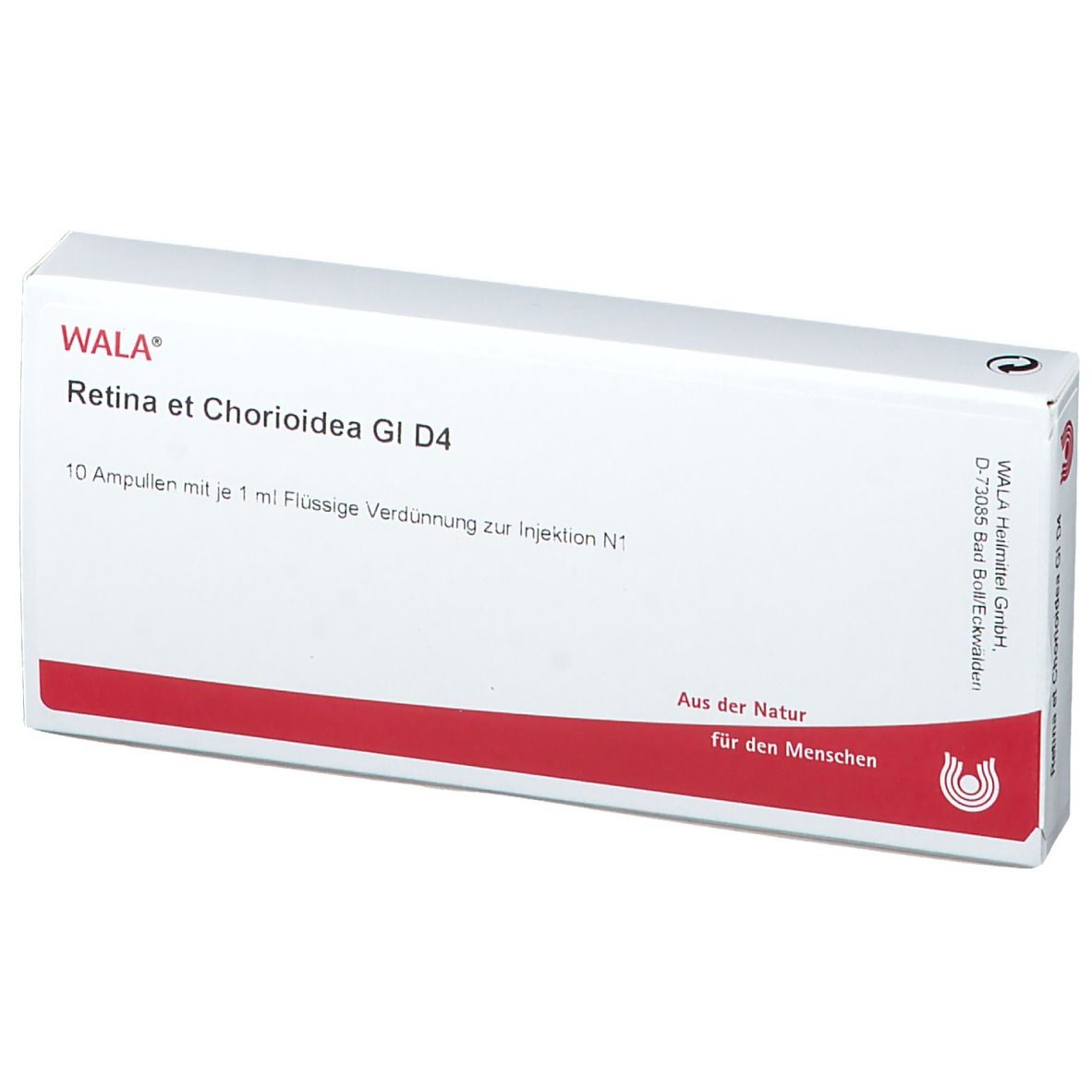 Weiße Schachtel mit rotem Streifen. Beschriftung: Wala® Retina et Chorioidea Gl D 4. Enthält 10 Ampullen.
