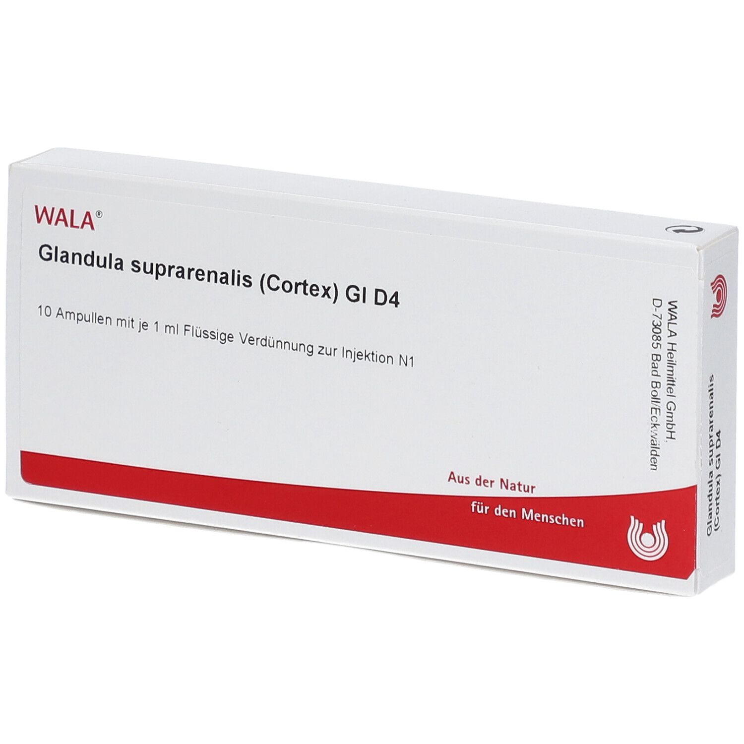 Weiße Schachtel mit rotem Streifen. Beschriftung: WALA Glandula suprarenalis (Cortex) Gl D4. 10 Ampullen.