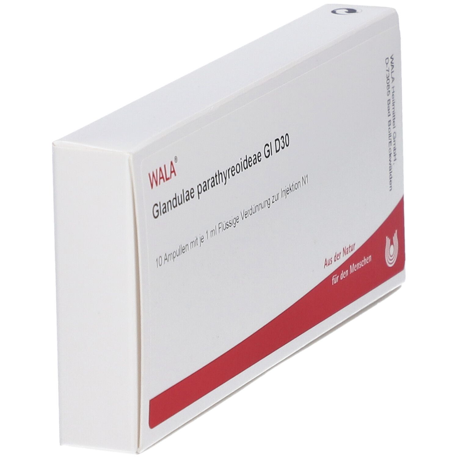 Weiße Schachtel mit rotem Streifen. Beschriftung: WALA Glandulae parathyreoideae Gl D30. Logo. Schrägansicht.