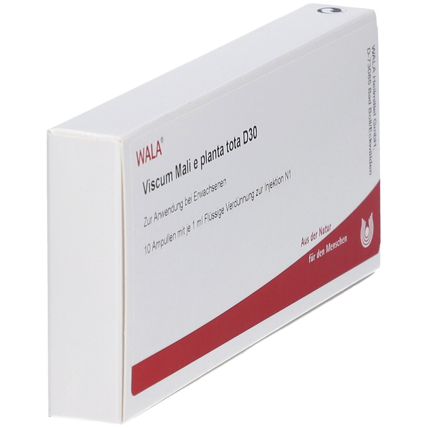 Weiße Schachtel mit rotem Streifen. Aufschrift: WALA Viscum Mali e planta tota D30. Schrägansicht.