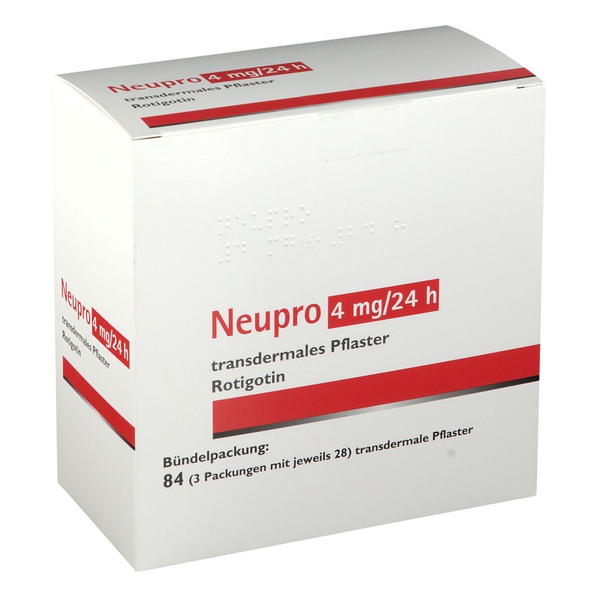 Weiße Kartonverpackung mit roter Schrift: Neupro 4 mg/24 h, transdermales Pflaster. Bündelpackung mit 84 Pflastern.