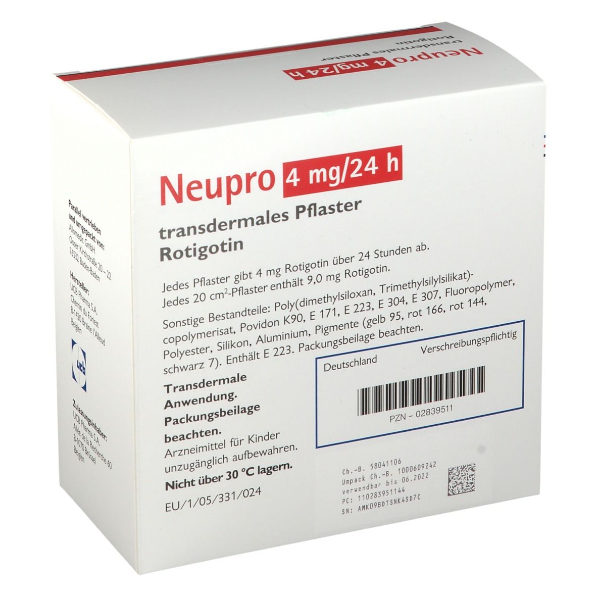 Weiße Kartonverpackung mit roter Schrift: Neupro 4 mg/24 h, transdermales Pflaster. Text und Barcode auf der Verpackung.