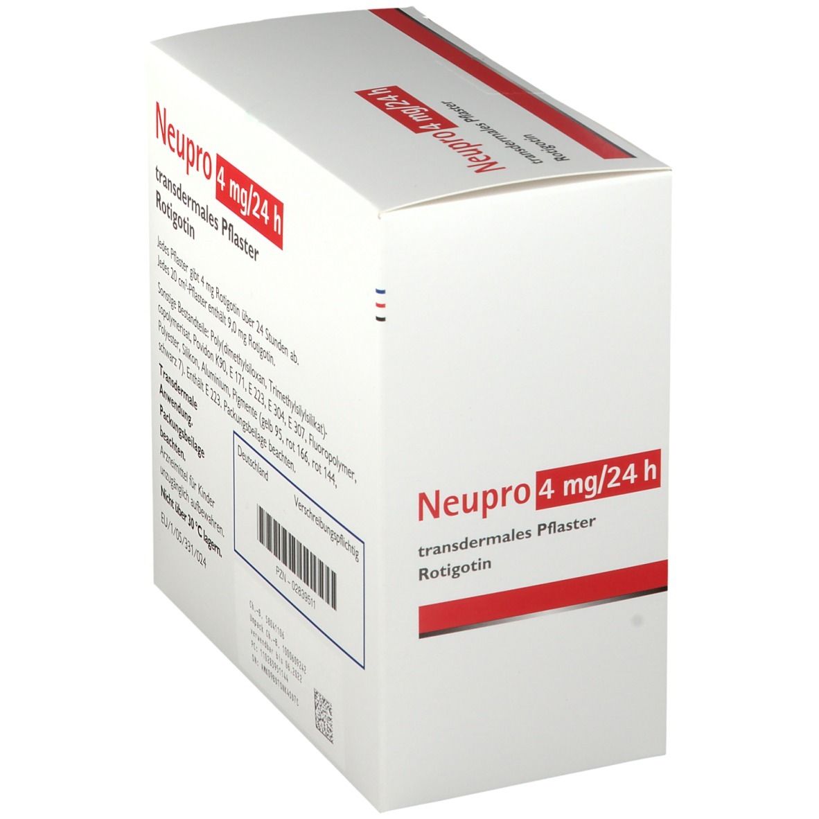 Weiße Kartonverpackung mit roter Schrift: Neupro 4 mg/24 h, transdermales Pflaster. Barcode und Text.