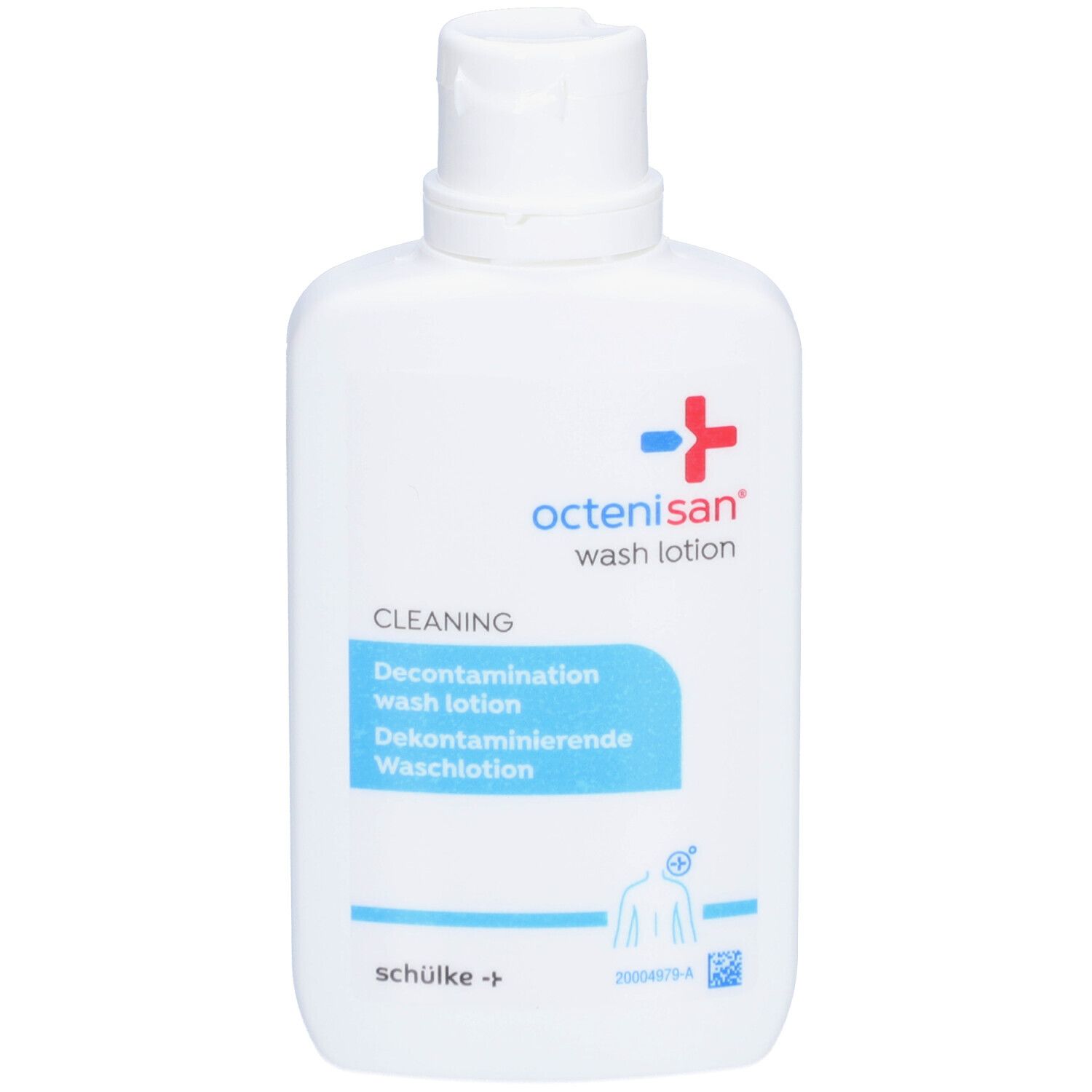Weiße Flasche octenisan® Waschlotion mit rotem Etikett. Schriftzug: Reinigung, Dekontaminierende Waschlotion.