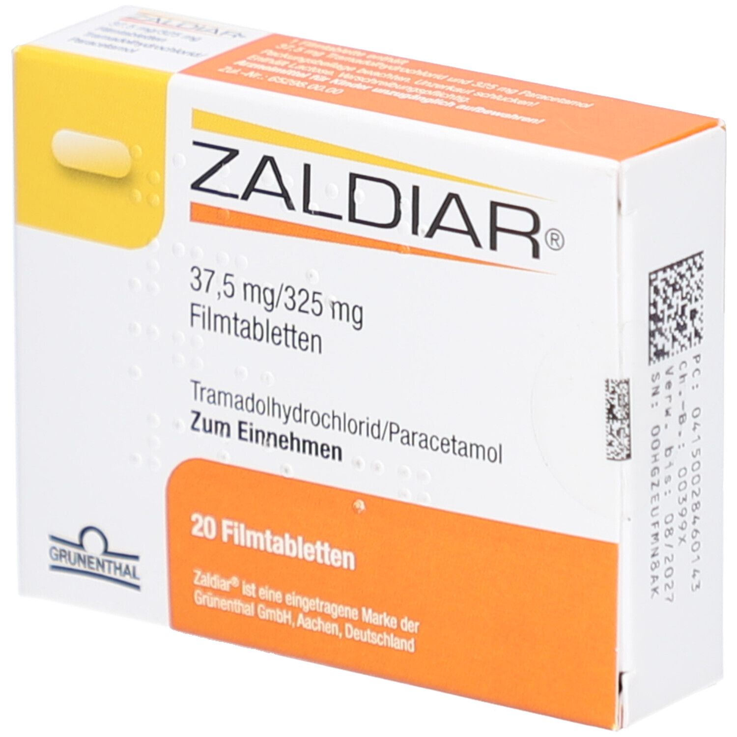 ZALDIAR 37,5 mg/325 mg Filmtabletten-Packung. Enthält 20 Tabletten. Aufdrucke: Tramadolhydrochlorid/Paracetamol, Zum Einnehmen, Grunenthal.