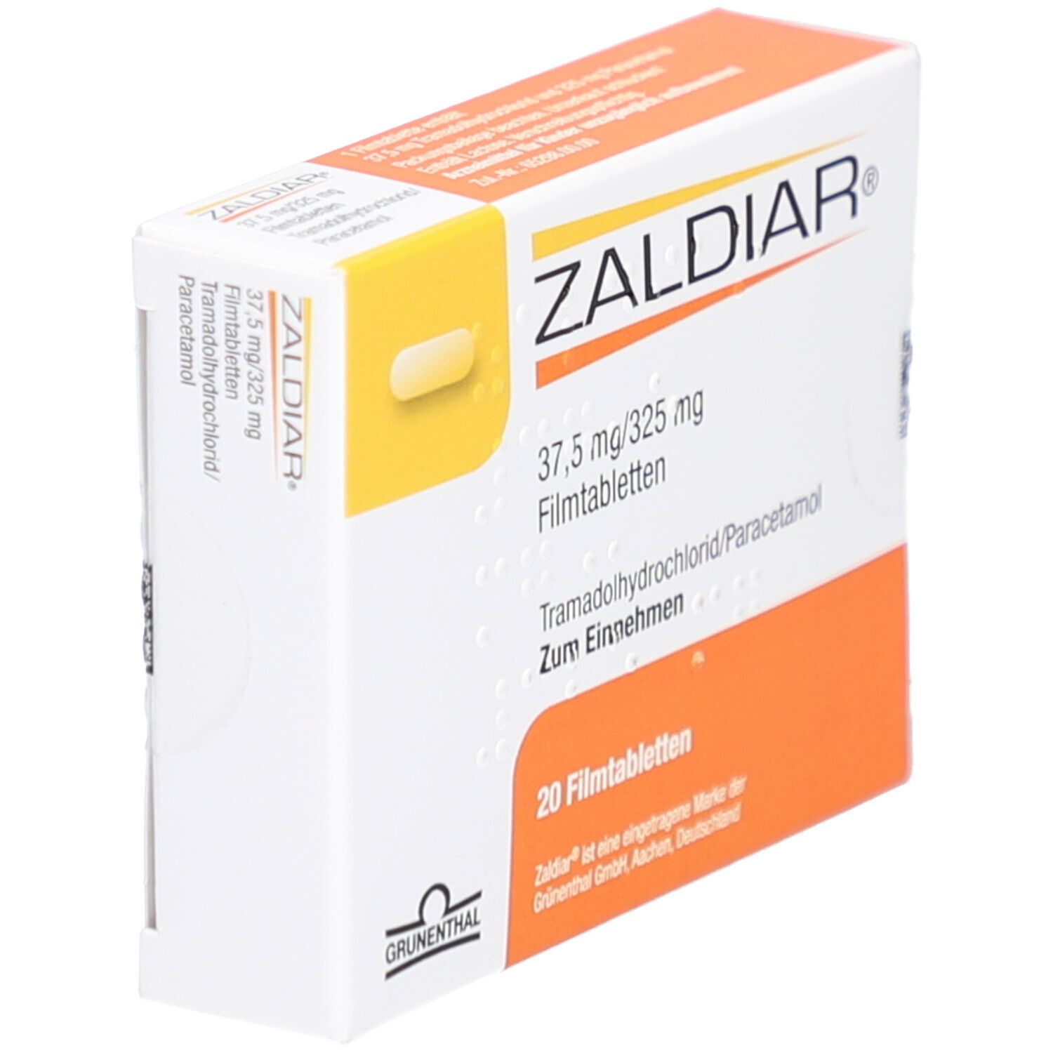 ZALDIAR-Packung, 37,5 mg/325 mg Filmtabletten. Enthält 20 Tabletten. Aufdrucke: Tramadolhydrochlorid/Paracetamol, Zum Einnehmen, Grunenthal.