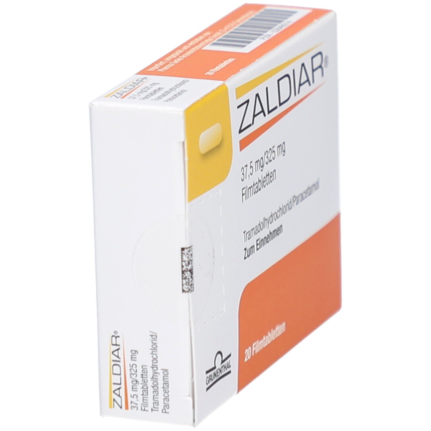 ZALDIAR-Packung, 37,5 mg/325 mg Filmtabletten. Enthält 20 Tabletten. Aufdrucke: Tramadolhydrochlorid/Paracetamol, Zum Einnehmen, Grunenthal.