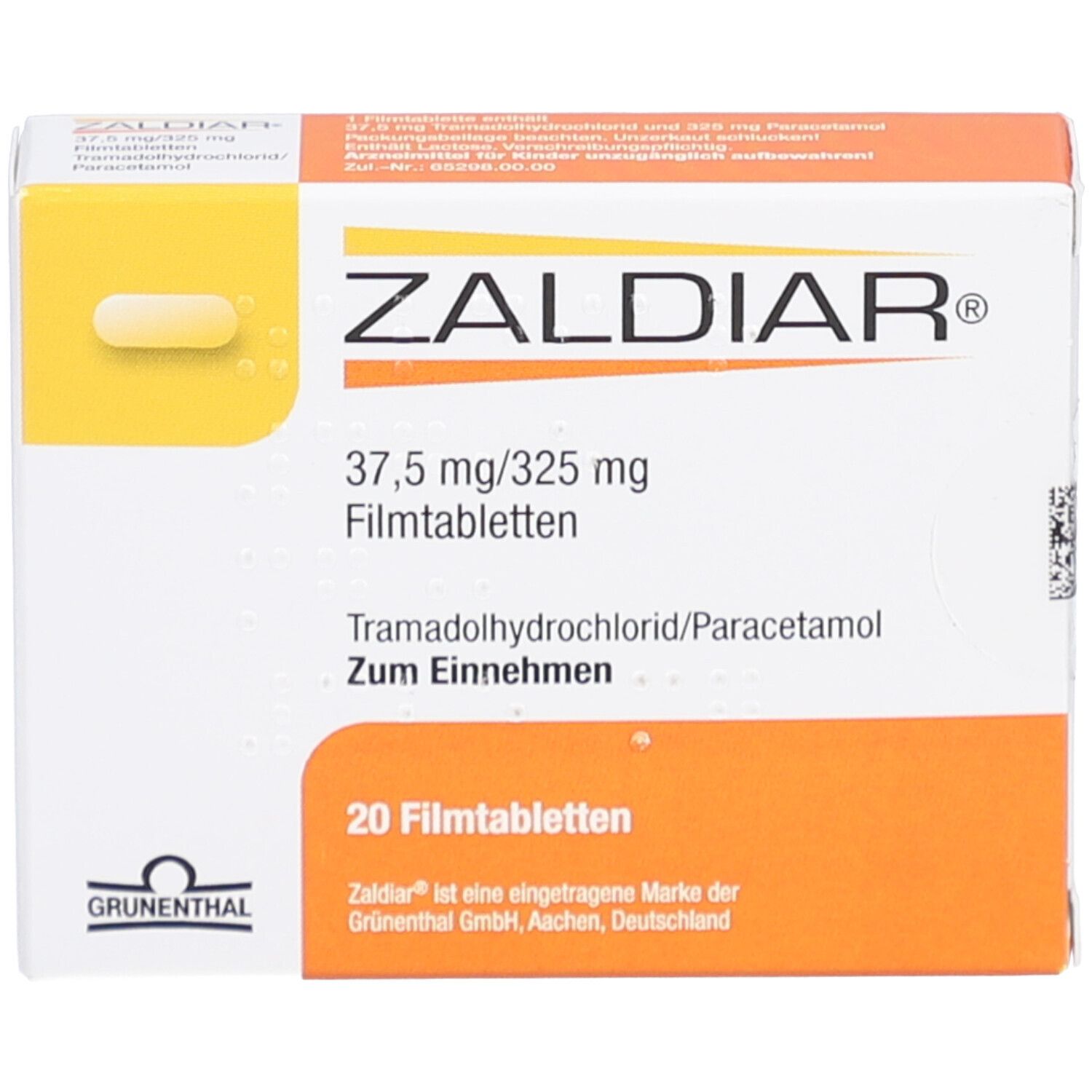 ZALDIAR 37,5 mg/325 mg Filmtabletten-Packung. Enthält 20 Tabletten. Aufdrucke: Tramadolhydrochlorid/Paracetamol, Zum Einnehmen, Grunenthal.
