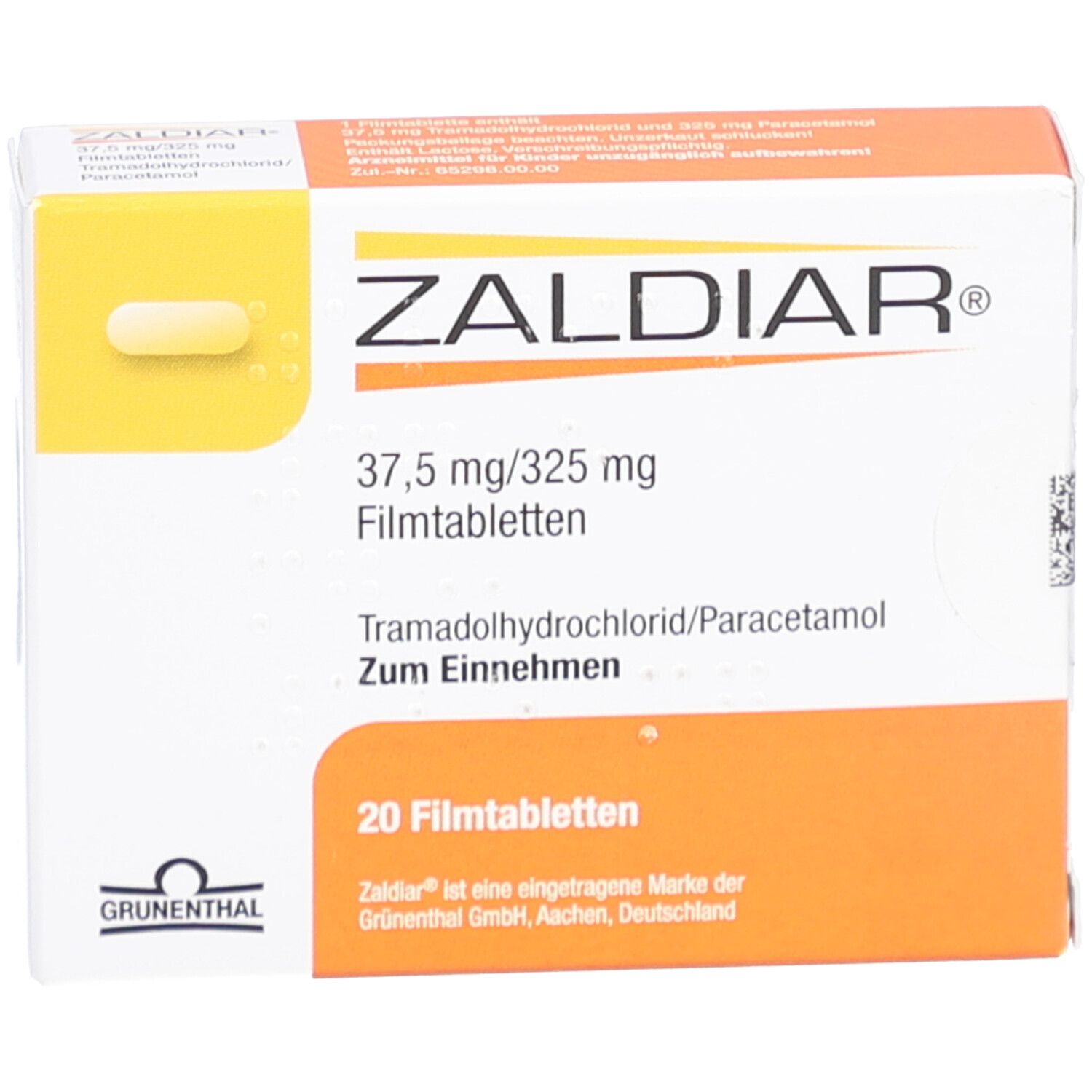ZALDIAR 37,5 mg/325 mg Filmtabletten-Packung. Enthält 20 Tabletten. Aufdrucke: Tramadolhydrochlorid/Paracetamol, Zum Einnehmen, Grunenthal.
