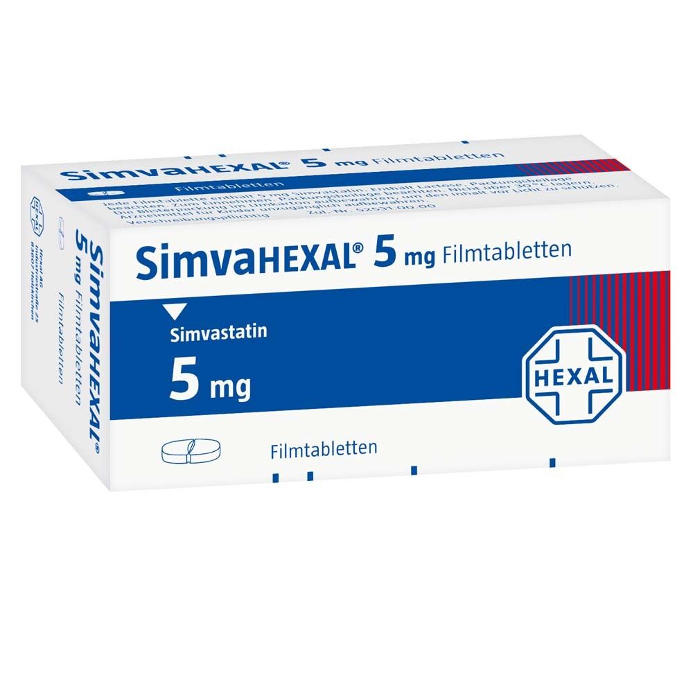 Schachtel SimvaHEXAL 5 mg Filmtabletten. Blaue und weiße Verpackung mit Produktinformationen und HEXAL-Logo.