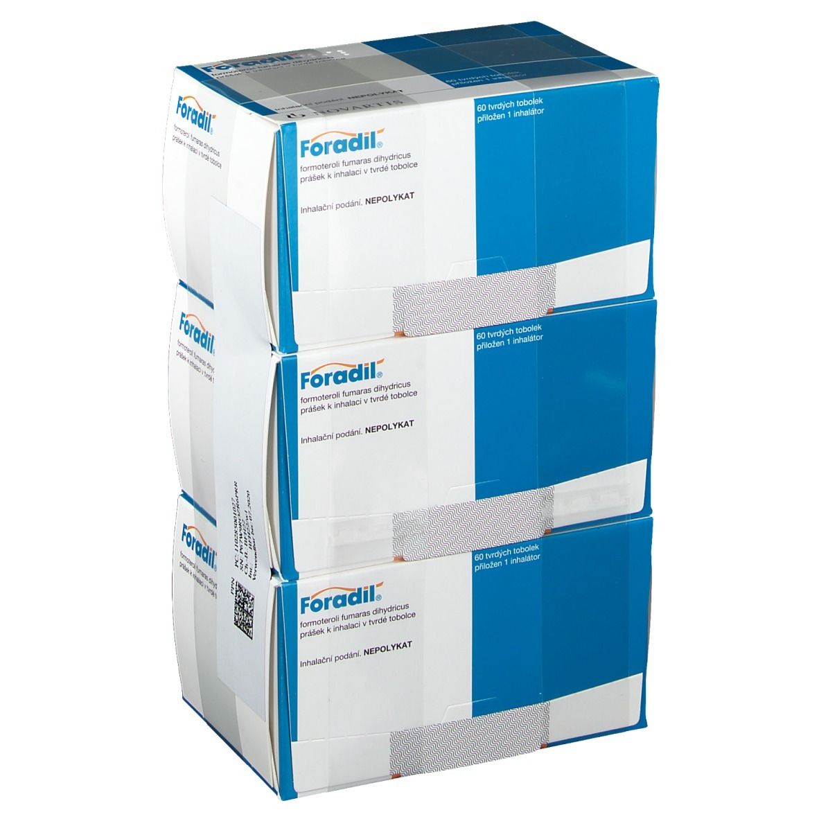 Drei Schachteln Foradil, blau-weiß. Aufdrucke mit Produktinformationen. Stapel leicht schräg.