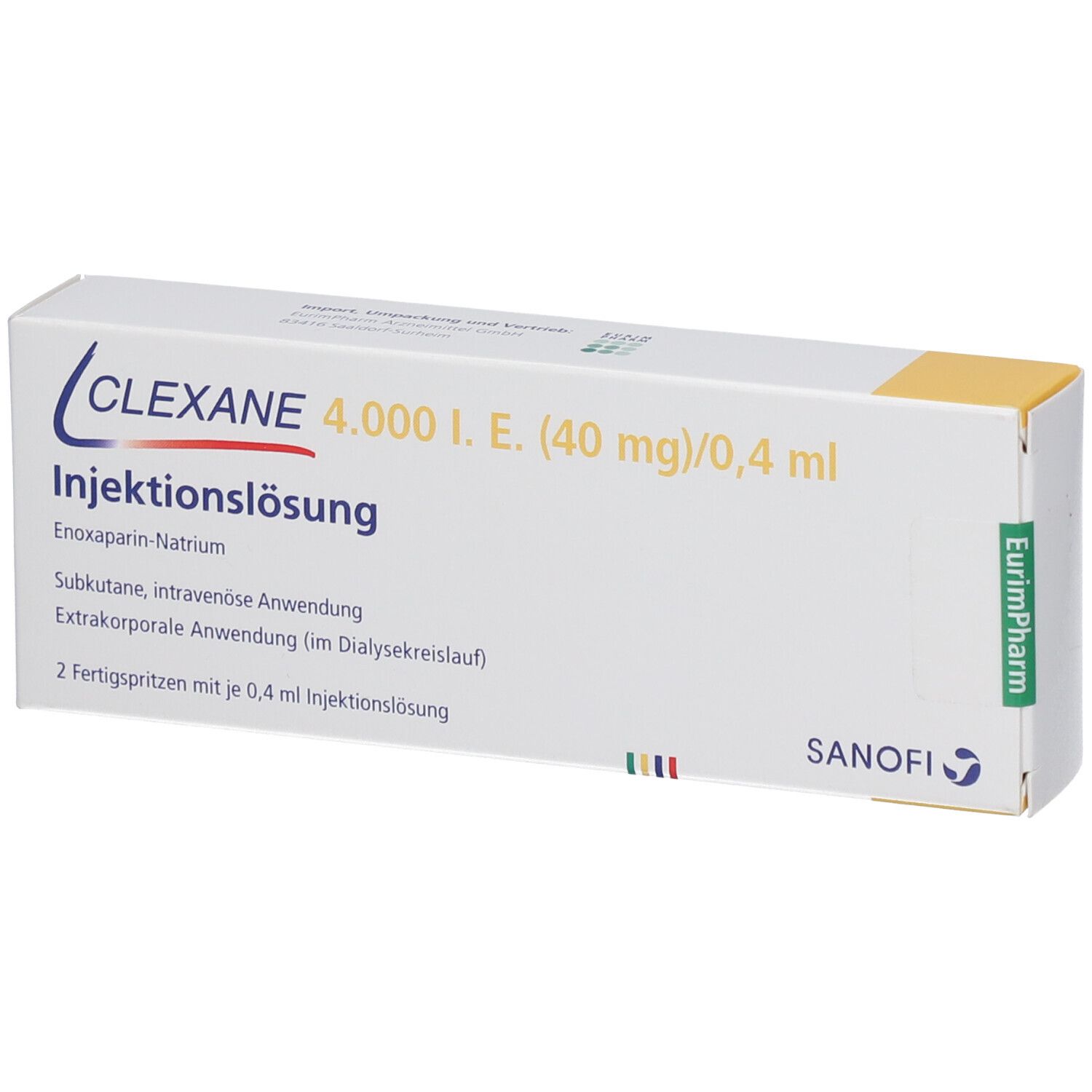 Schachtel mit Produktaufdruck. Schriftzug Clexane, 4.000 I.E. (40 mg)/0,4 ml. Injektionslösung. Sanofi-Logo.