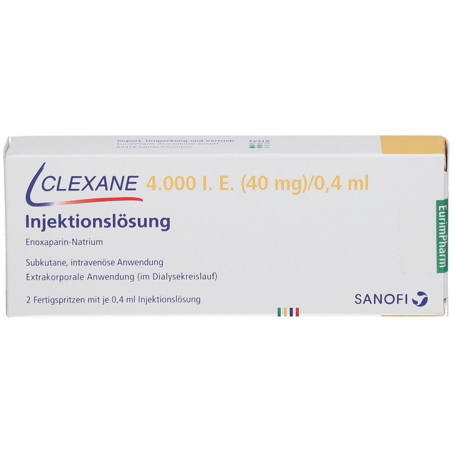 Schachtel mit Produktaufdruck. Schriftzug Clexane, 4.000 I.E. (40 mg)/0,4 ml. Injektionslösung. Sanofi-Logo.