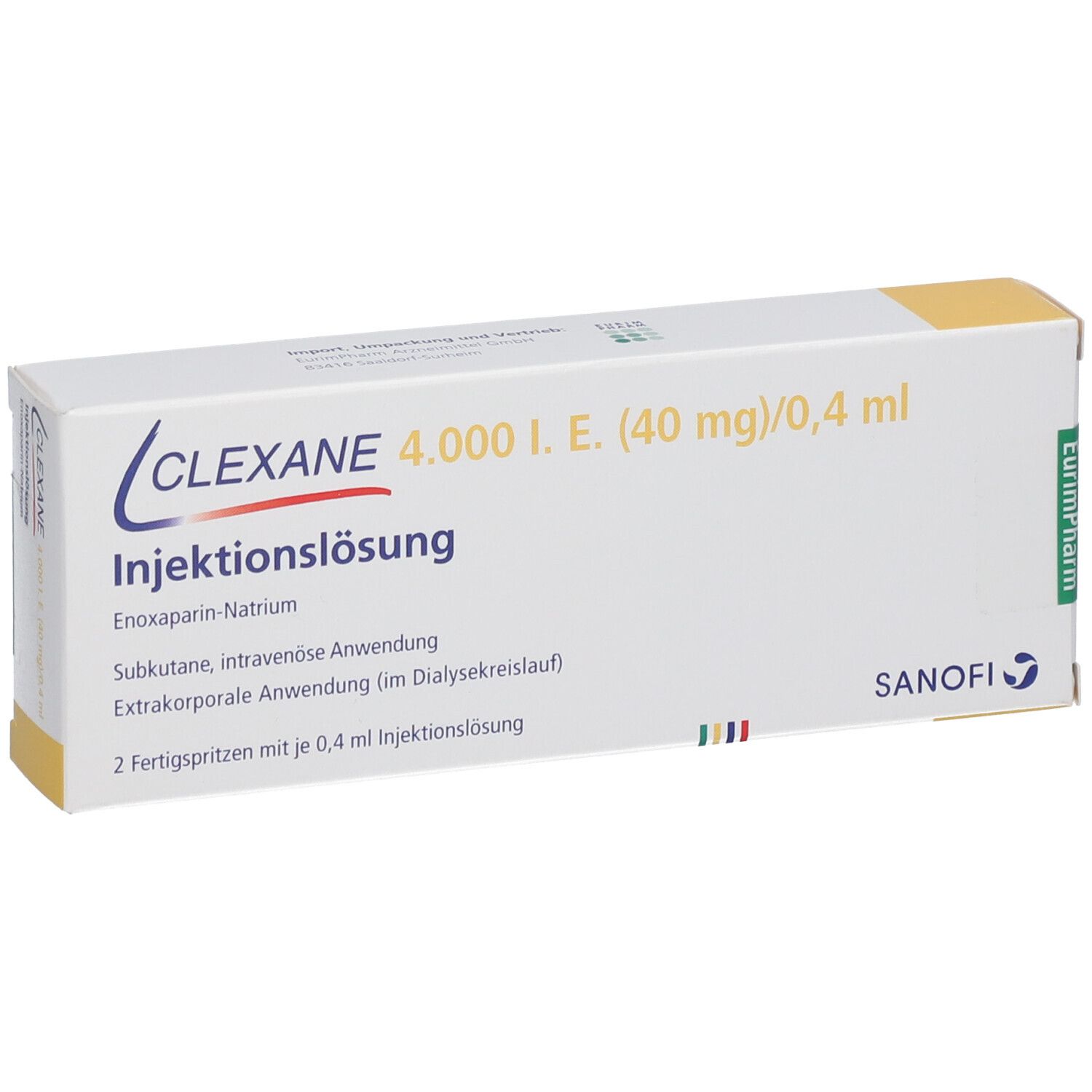 Schachtel mit Produktaufdruck. Schriftzug Clexane, 4.000 I.E. (40 mg)/0,4 ml. Injektionslösung. Sanofi-Logo.