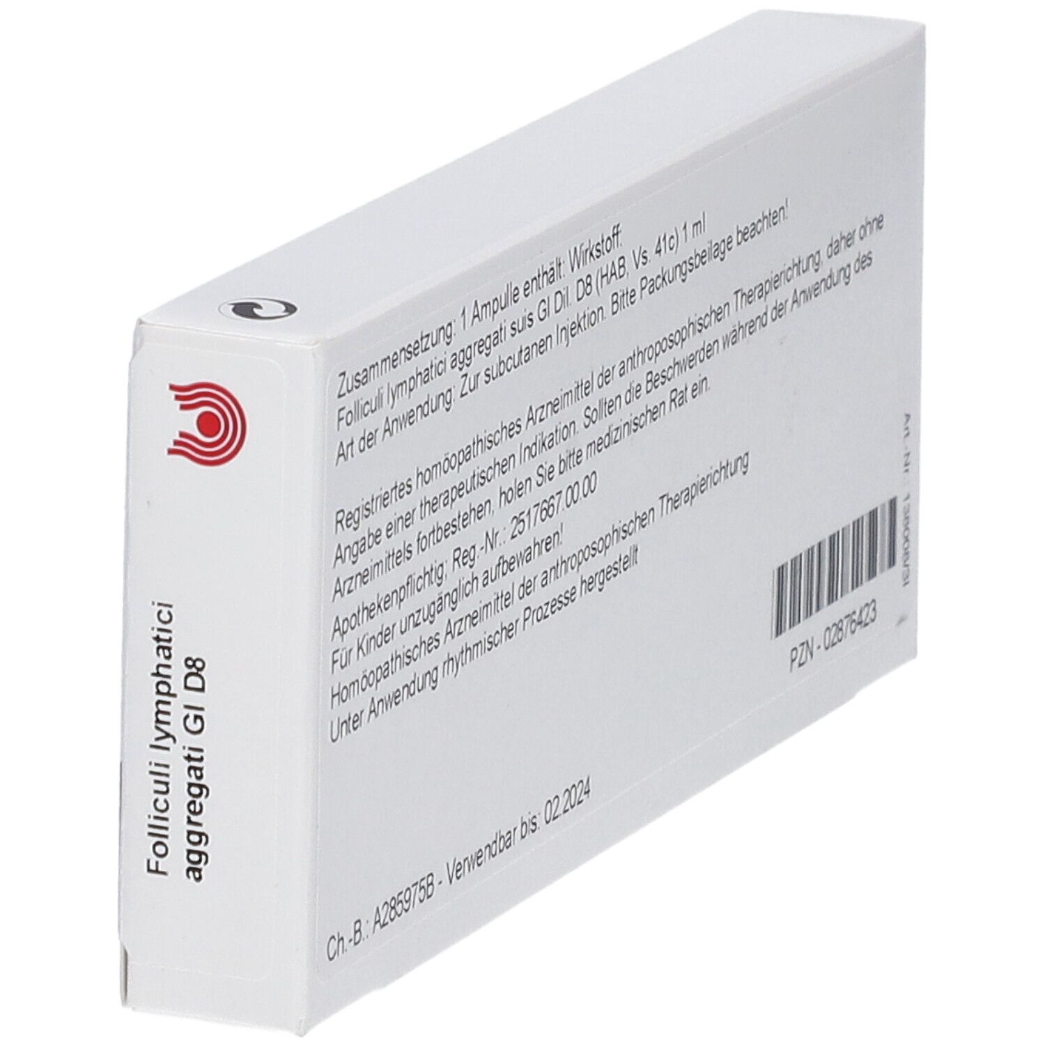 Weiße Schachtel, Seitenansicht. Beschriftung: Folliculi lymphatici aggregati GI D8. Logo. Text.