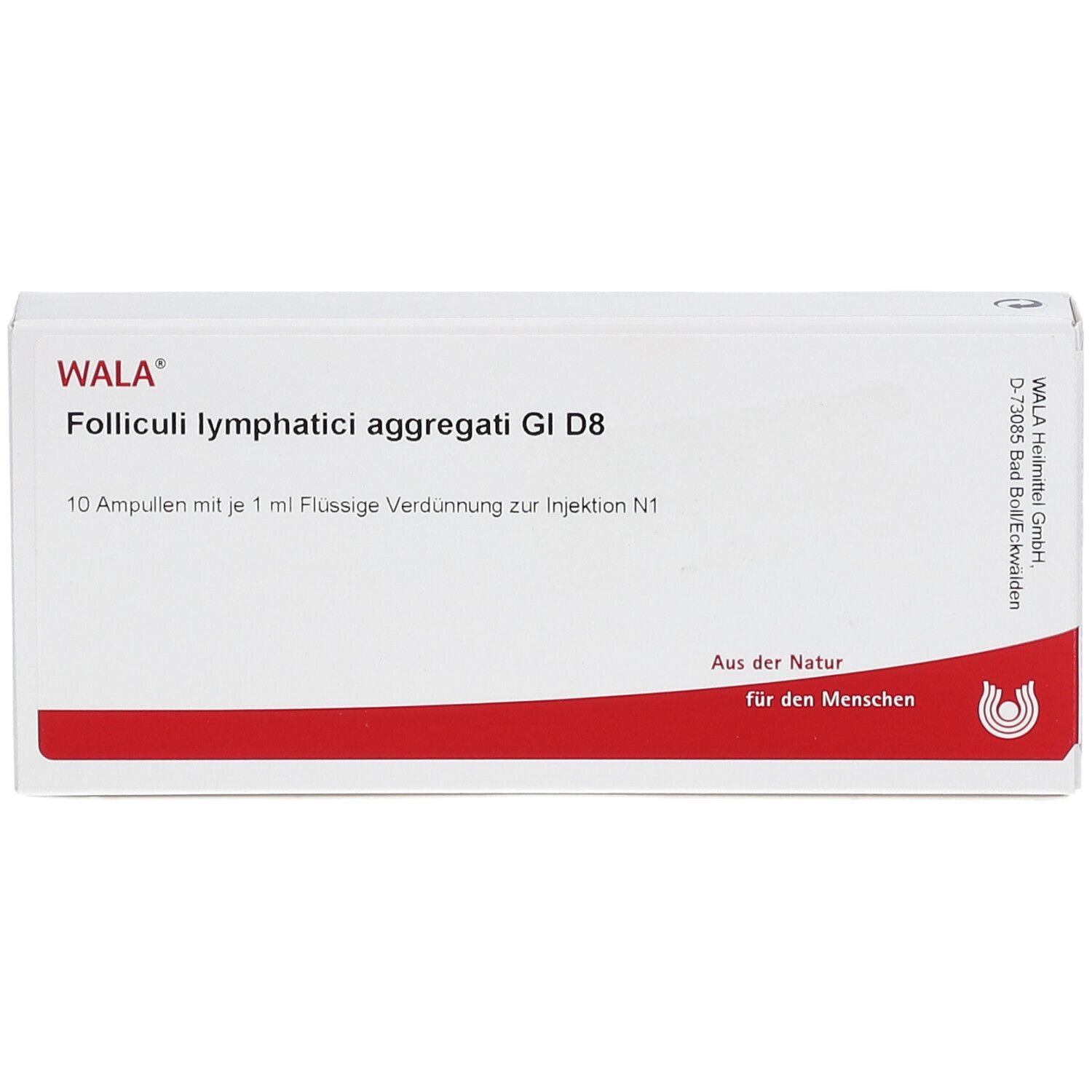 Weiße Schachtel mit rotem Streifen. Beschriftung: WALA Folliculi lymphatici aggregati GI D8. 10 Ampullen.