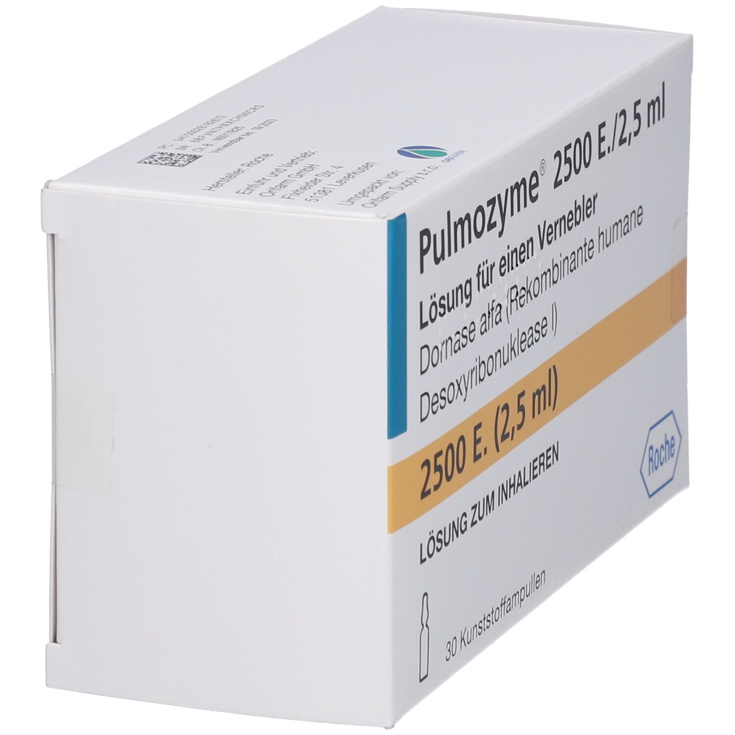 Seitenansicht der Packung Pulmozyme 2500 E./2,5 ml, Lösung für einen Vernebler.