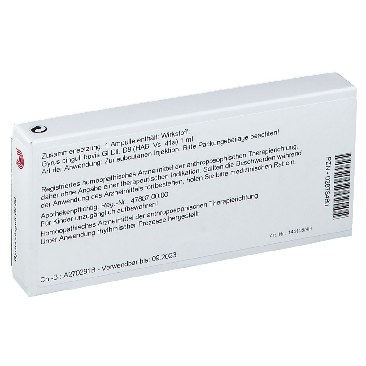 Rückseite der Schachtel WALA Gyrus cinguli Gl D8. Enthält Informationen zu Inhaltsstoffen, Anwendung und Hersteller.