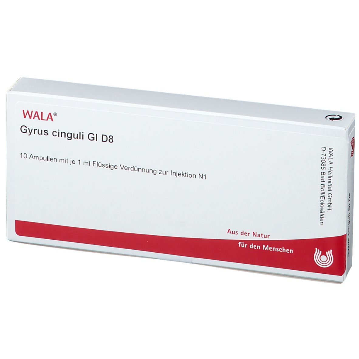 Weiße Schachtel mit roter Schrift. Aufschrift: WALA Gyrus cinguli Gl D8. Enthält 10 Ampullen. Herstelleradresse.