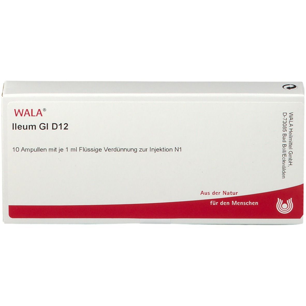 Weiße Schachtel mit rotem Streifen. Aufschrift: WALA Ileum GI D12. Enthält 10 Ampullen. Text: Flüssige Verdünnung zur Injektion.