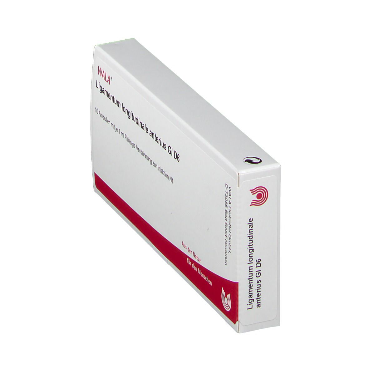 Schachtel, weiß mit roter Linie. Beschriftung: WALA® Ligamentum longitudinale anterius Gl D6. Seitenansicht.
