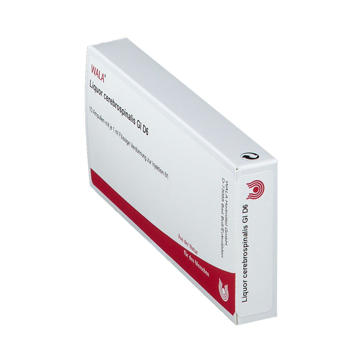 Weiße Schachtel mit roter Schrift und Logo. Beschriftung: WALA Liquor cerebrospinalis Gl D6. Schrägansicht.