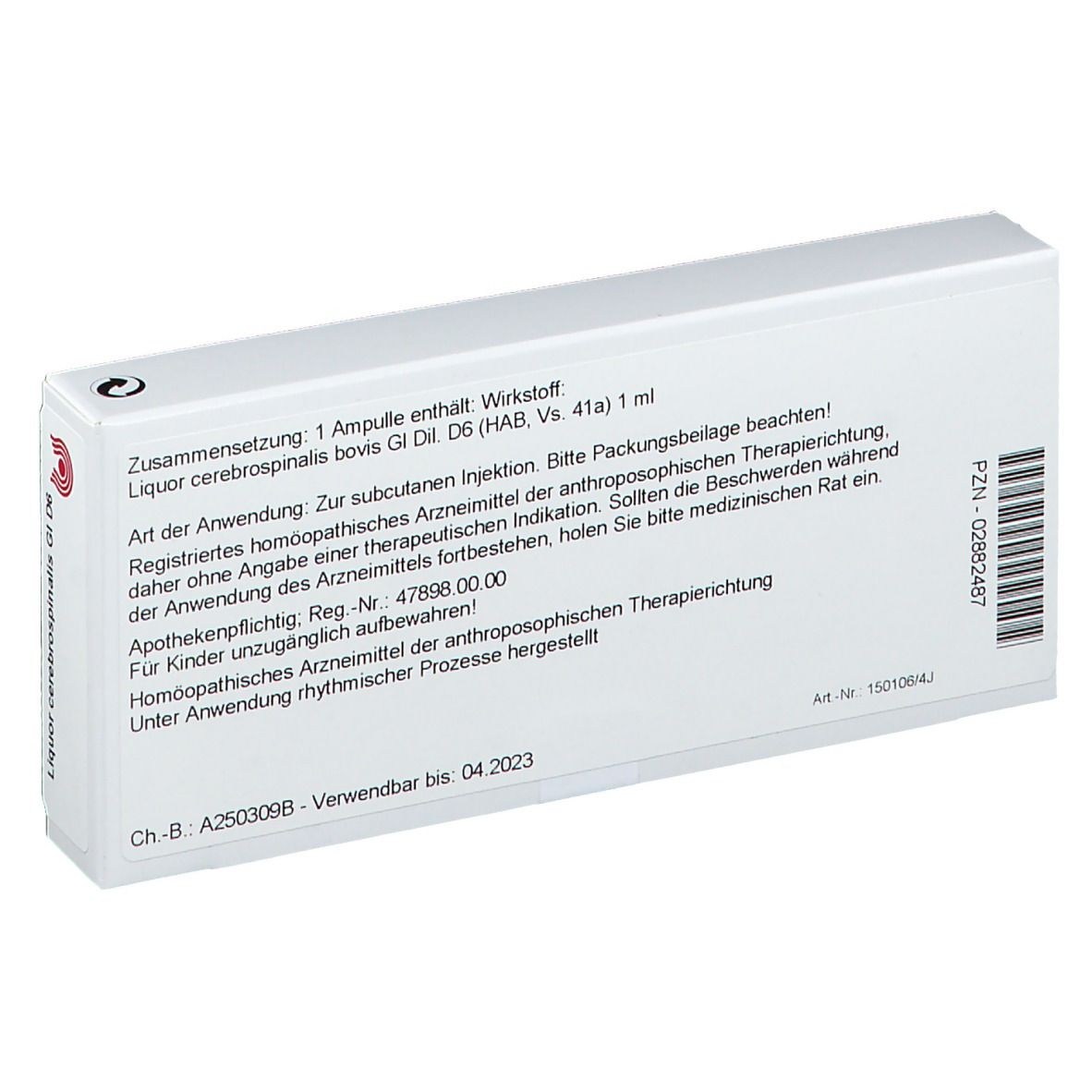 Rückseite der weißen Schachtel. Text in deutscher Sprache. Produktname: Liquor cerebrospinalis bovis Gl. D6. PZN-02882487.