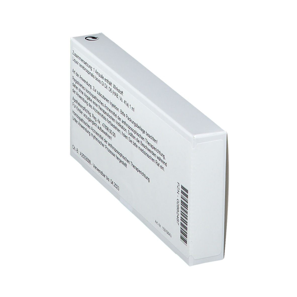 Schachtel von der Seite. Text in deutscher Sprache. Produktname: Liquor cerebrospinalis bovis Gl. D6. Barcode.