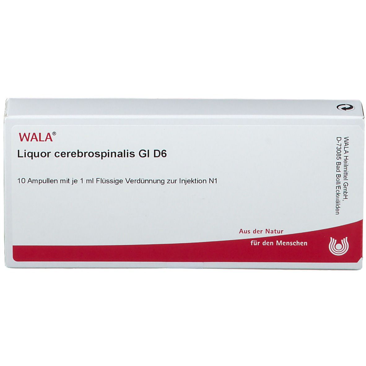 Weiße Schachtel mit roter Schrift und Logo. Beschriftung: WALA Liquor cerebrospinalis Gl D6. 10 Ampullen.