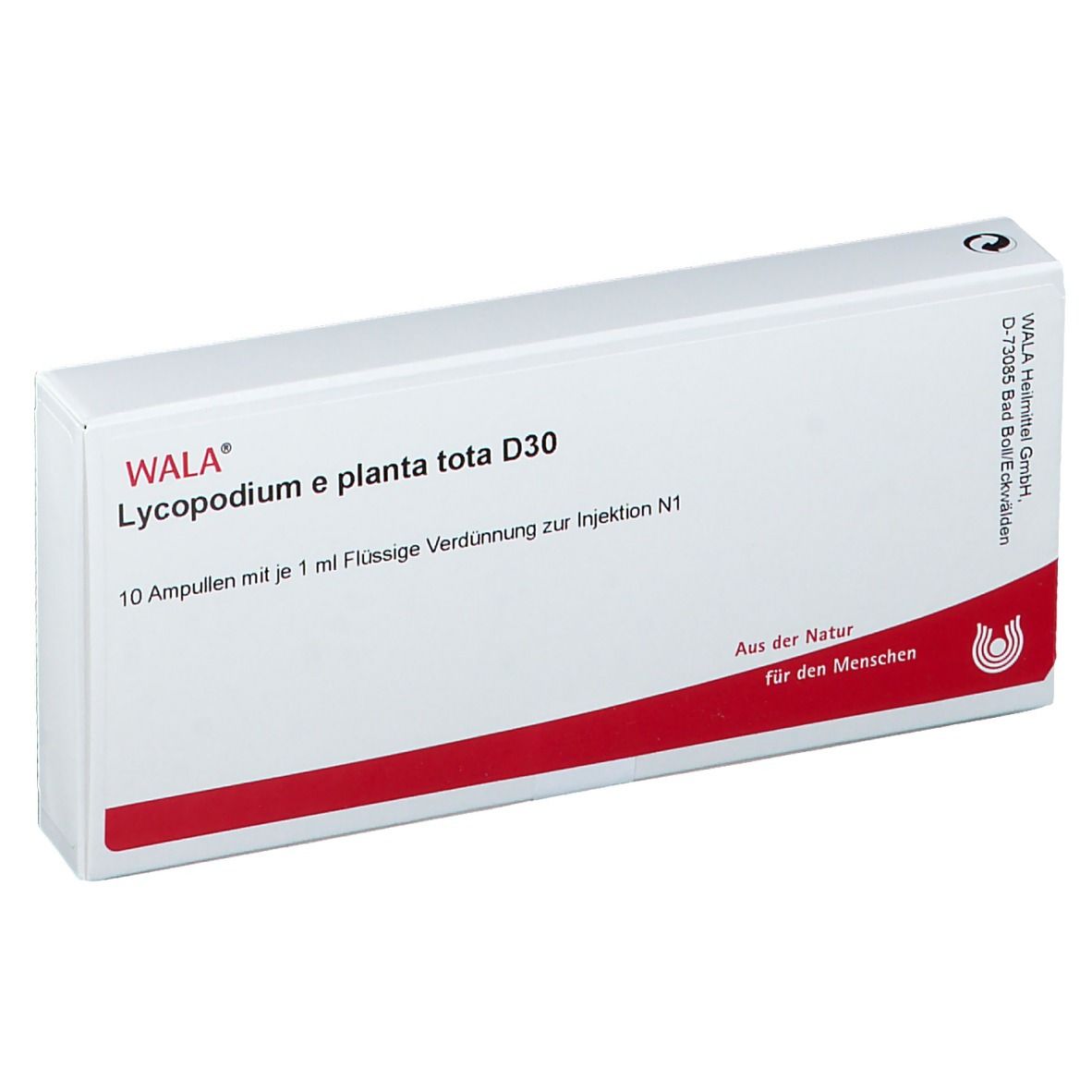 Weiße Schachtel mit rotem Streifen. Aufschrift: WALA® Lycopodium e planta tota D30. Enthält 10 Ampullen.