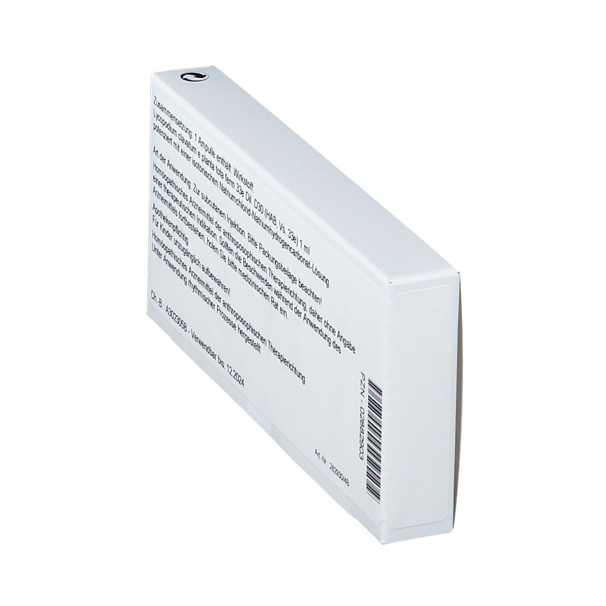 Weiße Schachtel, Rückseite. Text: Gebrauchsanweisung. Barcode und PZN-Nummer.