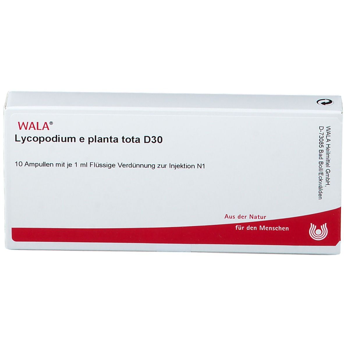 Weiße Schachtel mit rotem Streifen. Aufschrift: WALA® Lycopodium e planta tota D30. 10 Ampullen.
