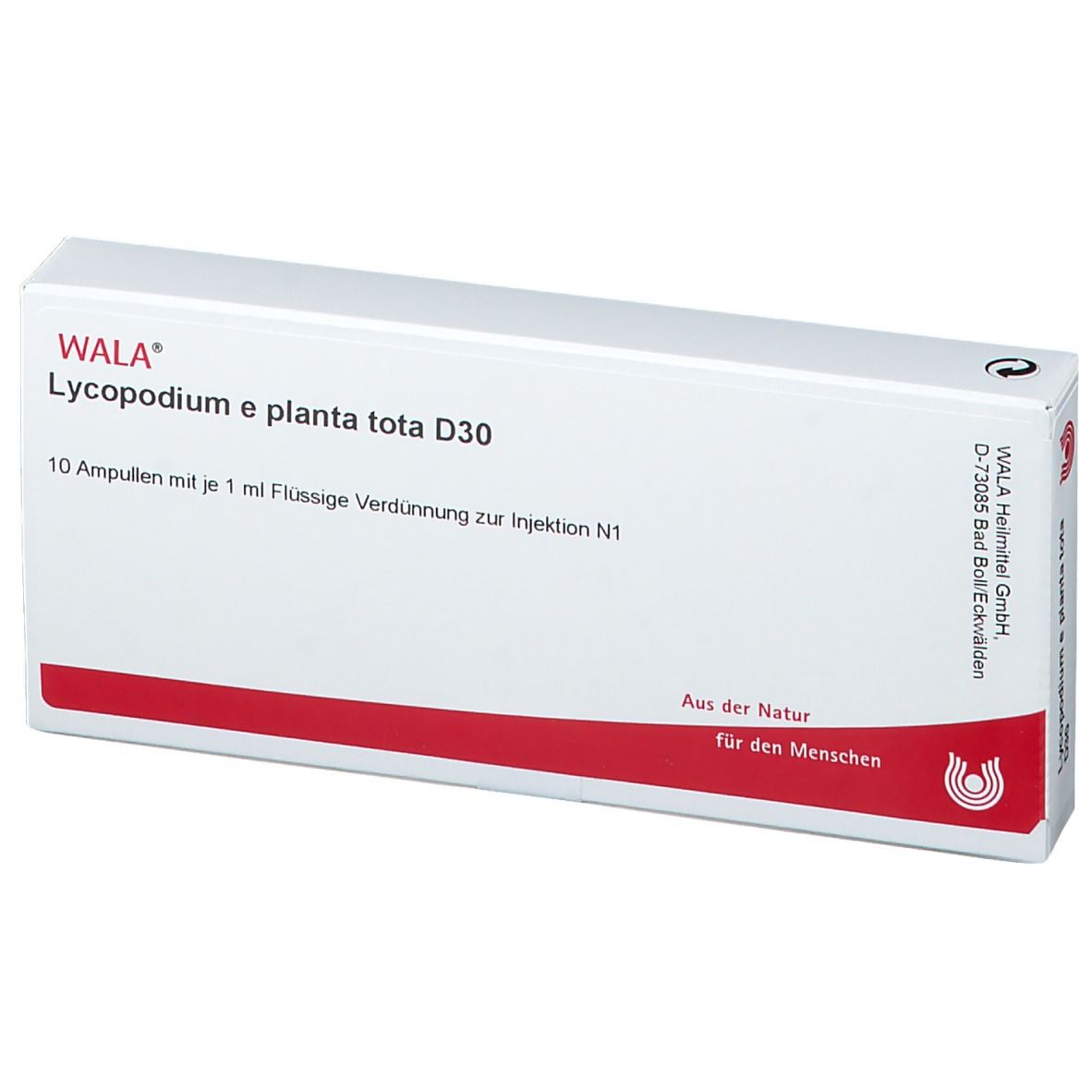 Weiße Schachtel mit rotem Streifen. Aufschrift: WALA® Lycopodium e planta tota D30. 10 Ampullen.