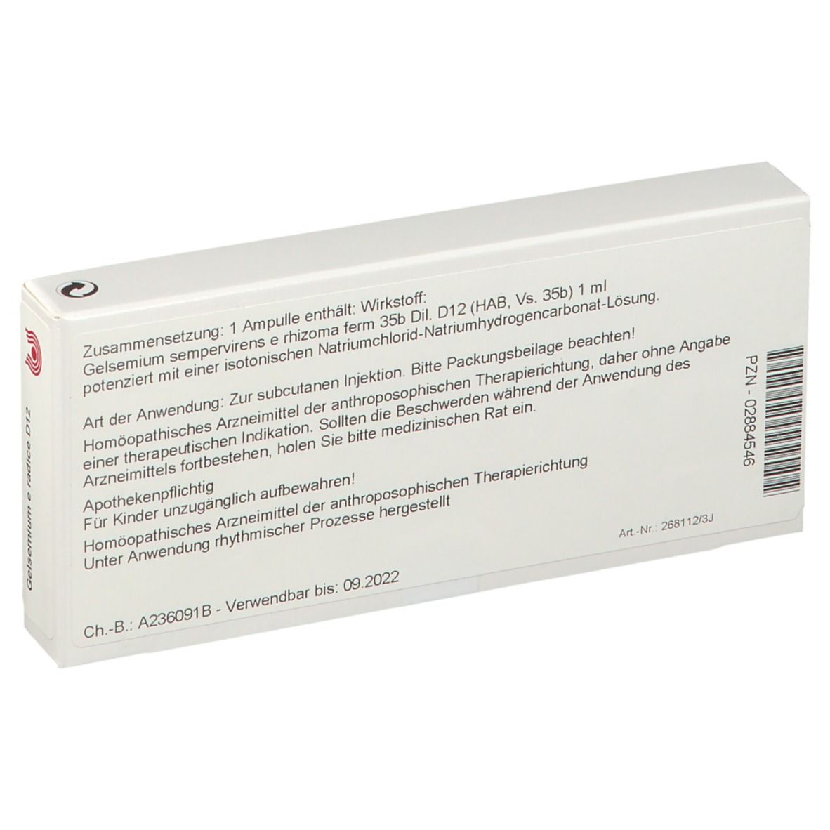 Rückseite der Schachtel. Text: Zusammensetzung, Art der Anwendung, Apothekenpflichtig. PZN-Nummer und Verfallsdatum.