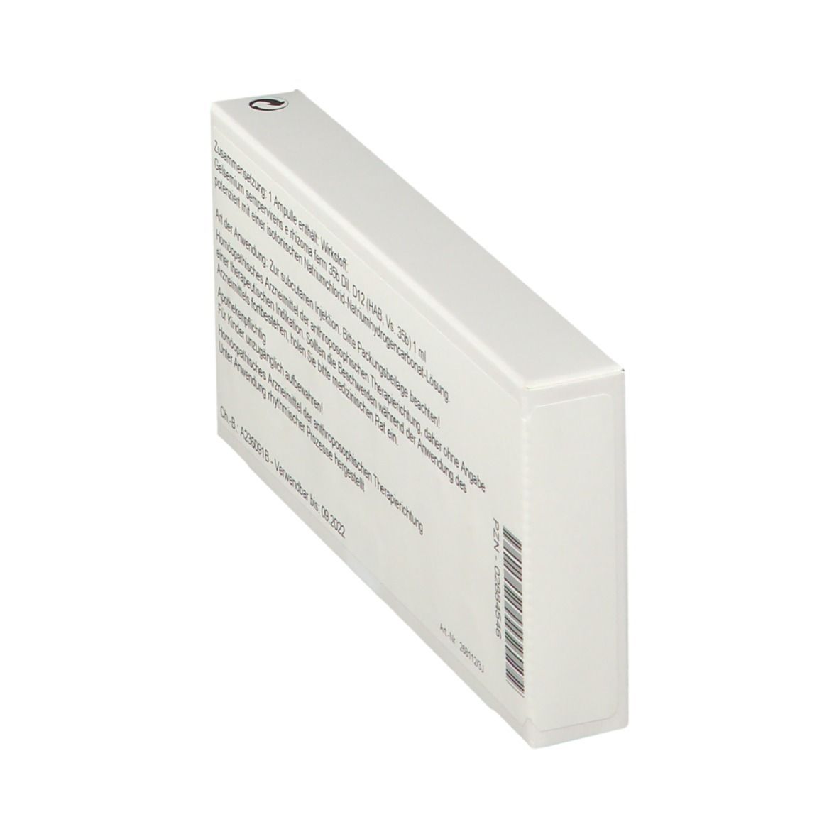Schachtel in Schrägansicht, Rückseite. Text: Zusammensetzung, Art der Anwendung, Apothekenpflichtig. PZN-Nummer und Verfallsdatum.