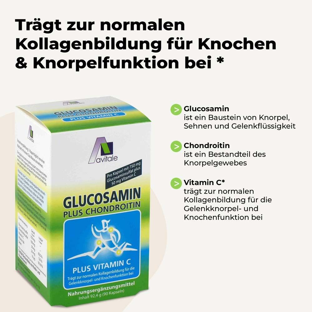 Avitale Glucosamin-Packung. Text: Trägt zur normalen Kollagenbildung für Knochen & Knorpelfunktion bei. Inhaltsstoffe.