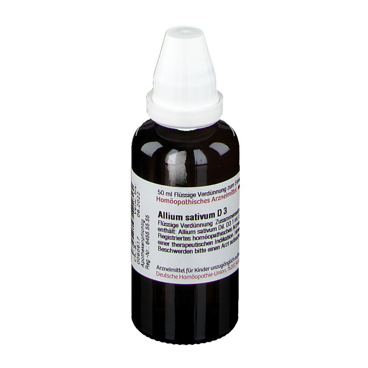 Braune Glasflasche mit weißem Verschluss. Etikett mit Text: Allium sativum D3. Homöopathisches Arzneimittel.