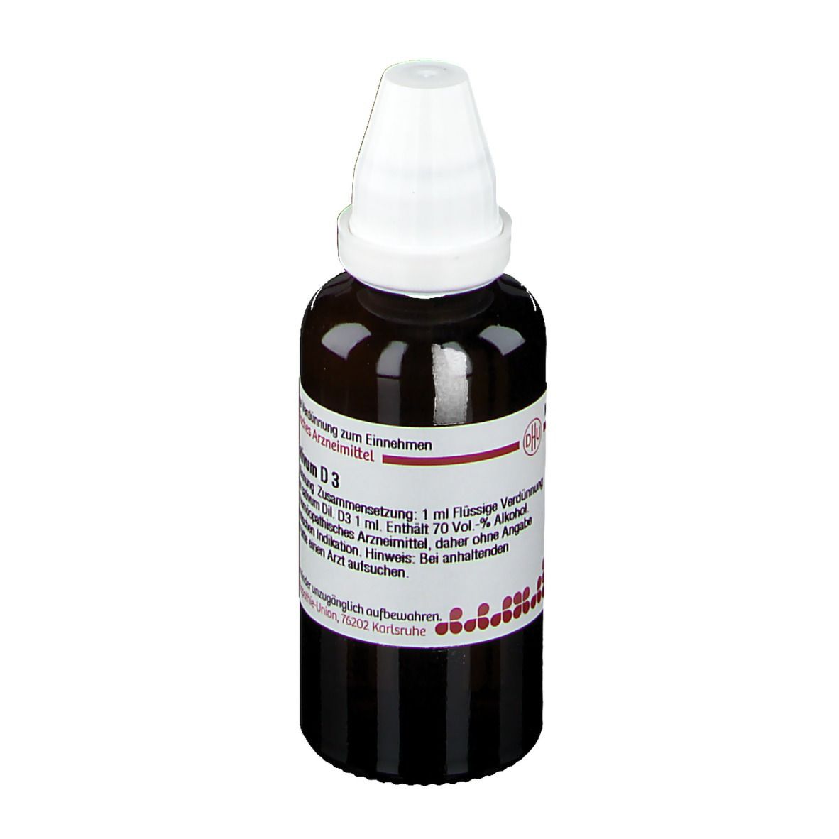 Braune Glasflasche mit weißem Verschluss. Etikett mit Text: Allium sativum D3. Homöopathisches Arzneimittel.